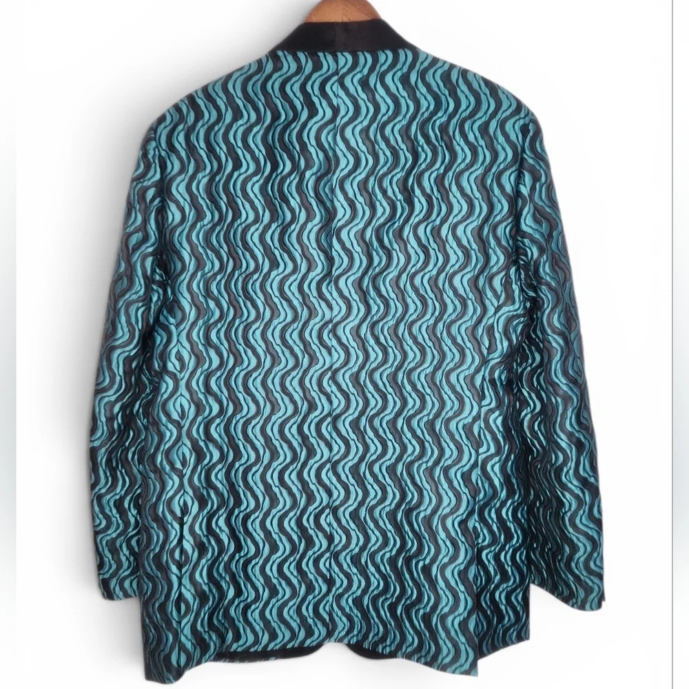 Manzini Tuxedo Style Jacquard Jacket in Teal and Black Size XL